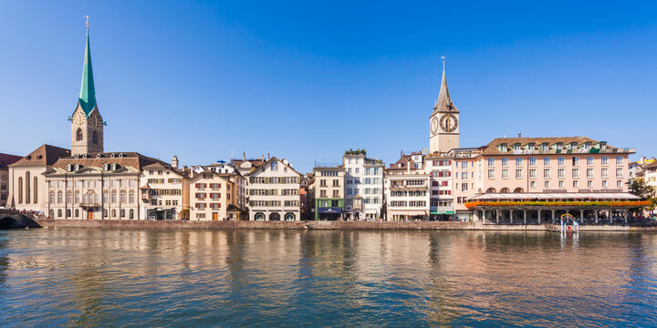 Switzerland, Zurich, River Limmat, Fraumuenster Church and St. Peter Church, Panorama