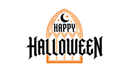 Happy Halloween gothic typography design with arched window and crescent moon illustration © MD ACHADUL ISLAM