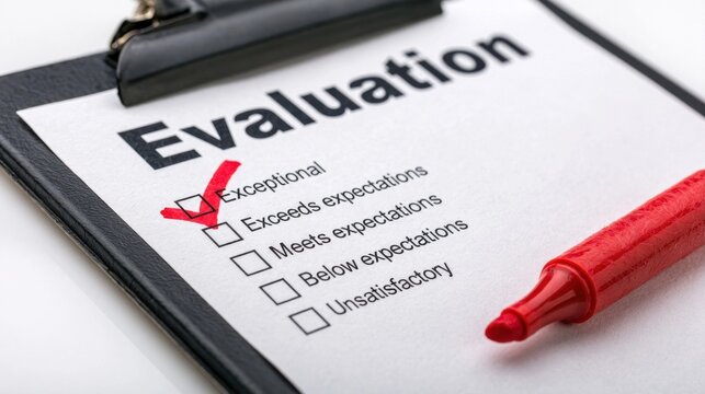 Business performance evaluation checklist with red pen checking exceptional rating