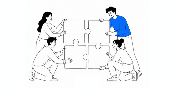Team Collaborating Together to Assemble a Large Puzzle Illustration