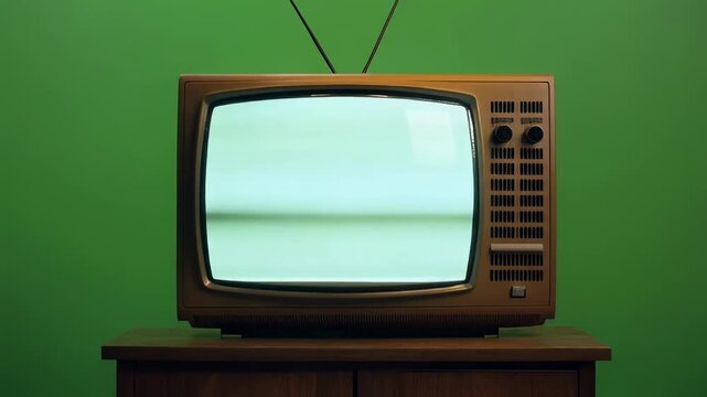 Retro television with static screen in a studio setting with green background during a broadcast test