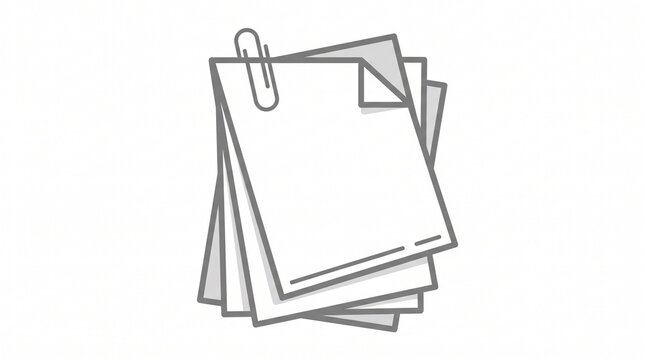 Stack of Papers with Paperclip: A simple line drawing of a stack of blank papers held together by a silver paperclip, suggesting documents, notes, or a to-do list.