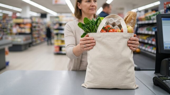 Hands holding a reusable cloth bag filled with fresh groceries at a checkout counter representing sustainable shopping zero waste retail and eco friendly consumerism