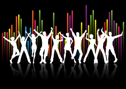 Silhouettes of people dancing against a graphic equaliser styled design