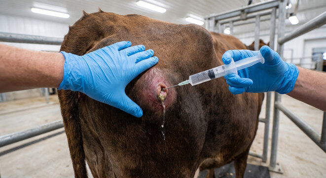 Clinical worker drains large abscess on cow hip using large syringe and protective gear.