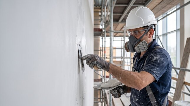 Focused plasterer wearing a safety respirator mask applying compound to a wall showing professional interior construction occupational health safety and building renovation