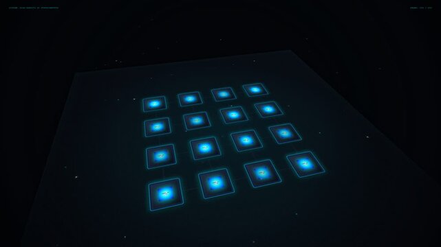 Futuristic glowing blue digital HUD grid interface with radar scanner sweeping across processing nodes, high angle camera perspective, sleek high tech sci-fi visual overlay background.