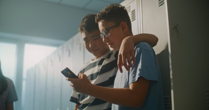 Close Friends Gather beside Personal Lockers, Looking at Content on Smartphone and Enjoying Lighthearted Moment Between Classes. Student Friendship, Digital Communication, Social Side of School Life.
