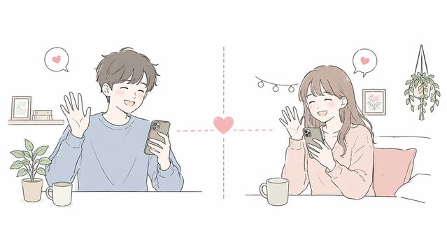 スマートフォンを使ってビデオ通話でオンラインデートを楽しむ遠距離恋愛のカップルのイラスト