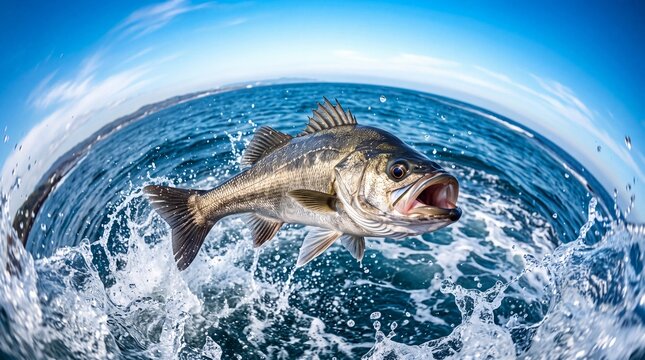 魚眼レンズで捉えた躍動感あふれるスズキ（シーバス）のダイナミックなジャンプと水しぶき