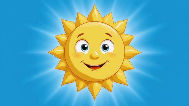 Smiling sun characters radiating warmth and happiness in a bright blue sky environment