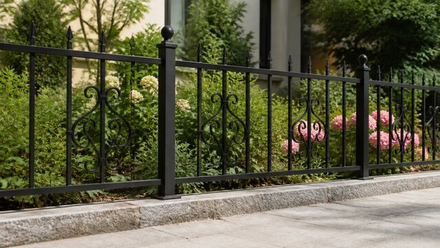 Black wrought iron fence with decorative swirls and pointed finials bordering a garden