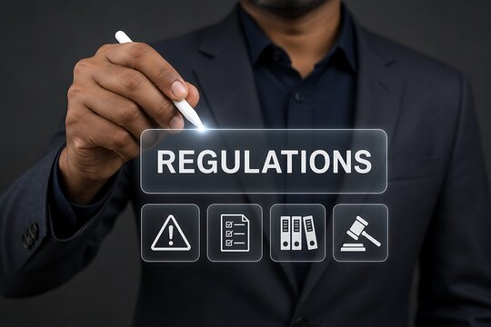 Hand pointing at the word regulations with legal and warning symbols