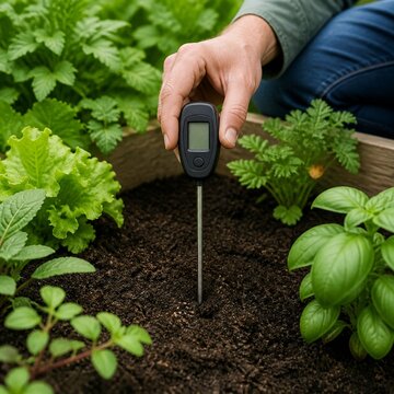 Gardener inserting digital soil pH meter into garden bed soil for testing