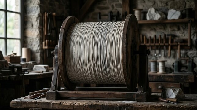 Heavy duty vintage wooden spool wound with white cord in stone wall workshop