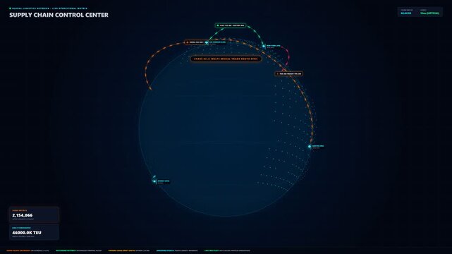 Futuristic supply chain control center digital interface display with rotating hologram globe, live global trade route connections, cargo metric analytics, wide front view shot in dark tech style.