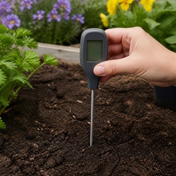 Hand using a ph meter to test soil acidity in a garden bed