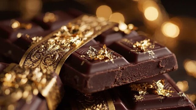 Luxurious dark chocolate bars stacked with edible gold leaf and bokeh background