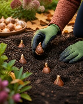 Gardener planting autumn flower bulbs in dark soil in a garden during fall
