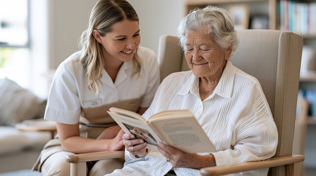 Elder care nurse in hospital dayroom, elderly resident closing final chapter of well loved paperback with contented expression, nurse seated beside offering warm acknowledgment,