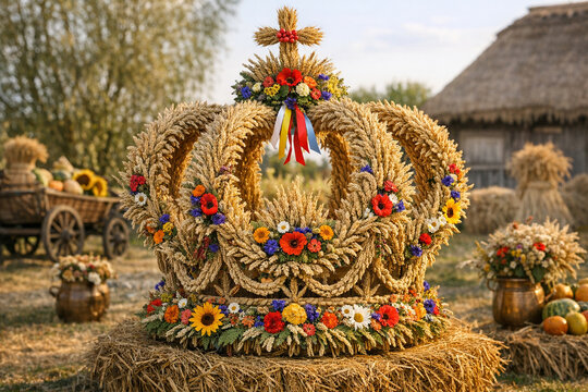 Traditional Polish Dożynki. Wieniec Dożynkowy. Harvest Festival Wreath in Crown Shape with Flowers and Wheat.	