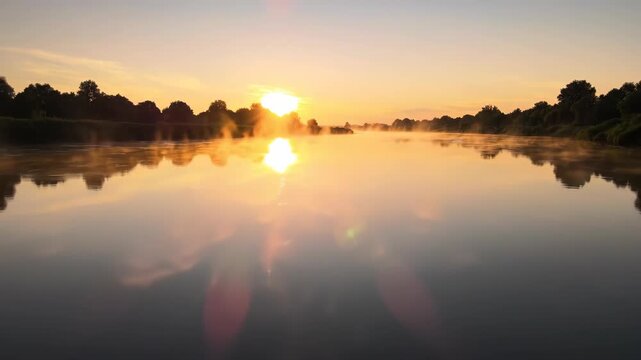 Golden sunrise over a misty river, with calm water reflecting the sun and surrounded by green reeds. Peaceful morning atmosphere.