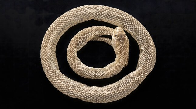 Dry molted snakeskin coiled into a circular shape representing the cycle of nature and life on a pitch black surface demonstrating biological shedding process of an adult reptile during seasonal