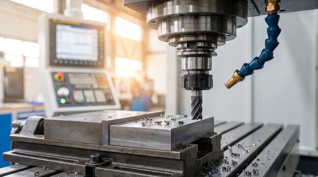 CNC milling machine with end mill cutting a steel block producing metal shavings in a lit factory