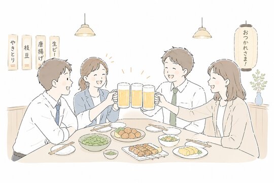 仕事終わりに居酒屋でビールを片手に乾杯し親睦を深めるビジネスパーソンたち