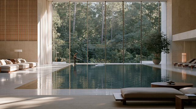 A pool cleaning technician works alone across a vast luxury interior atrium pool, wide establishing shot capturing marble surrounds and floor to ceiling windows, telescoping pole