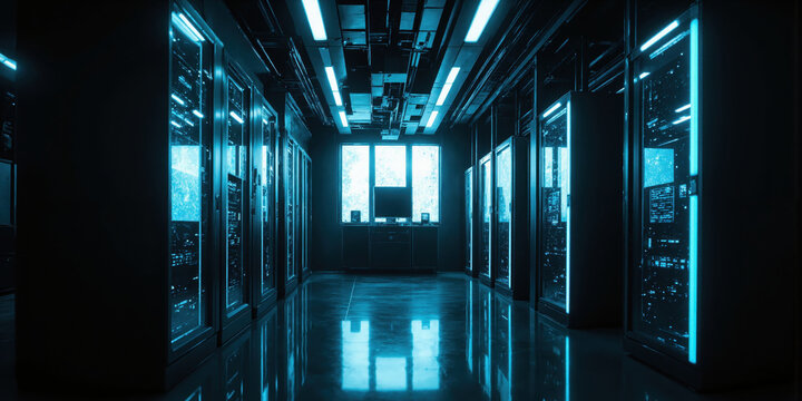 Data center for blockchain technology, with rows of servers, sleek dark walls, glowing blue lighting, and minimalist design for