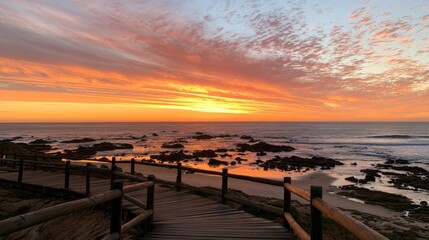 Obraz premium A wooden boardwalk leads to a rocky shore at sunset with vibrant skies