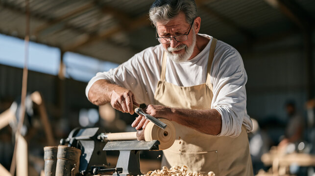 Senior woodturner in a leather apron guiding a chisel along a spinning walnut burl on a heavy lathe inside a metal roofed industrial workshop, long experience visible in steady