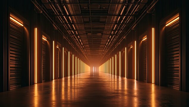 Dimly lit, futuristic corridor with glowing orange lights and reflections