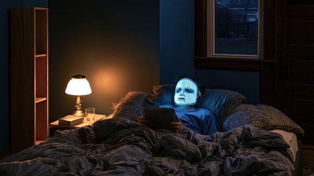 Person in bed with illuminated face mask using tablet at night