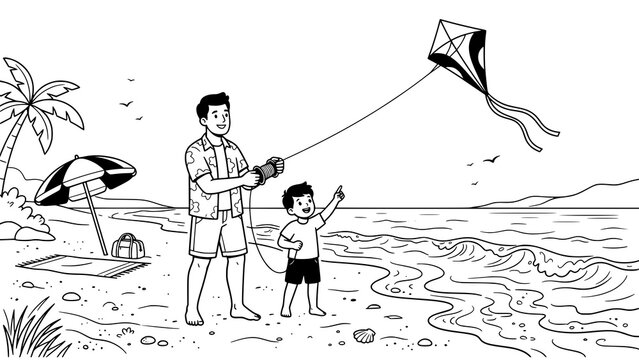 Father and son flying a kite on a sunny beach day