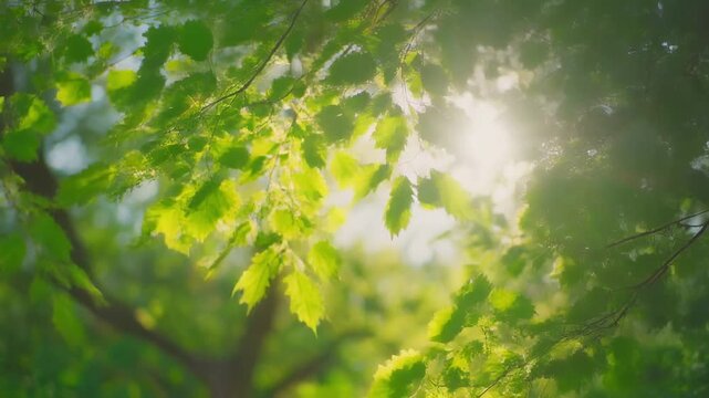 Sunlight filtering through lush green leaves in a forest during golden hour with gentle breeze