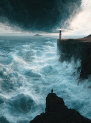 Fototapeta premium Solitary figure stands on cliff edge, watching stormy seas crash below a lighthouse