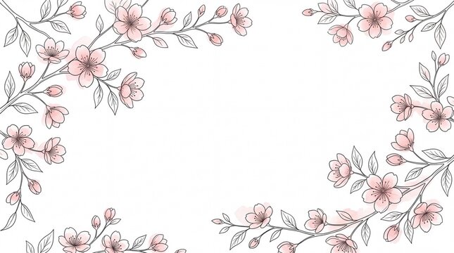 手描き線画の桜と淡い水彩ピンクの優美なフレーム背景
ミニマルな和モダン桜のラインアートフレームイラスト
春のお祝いやカードに使えるエレガントな桜の花のコピースペース背景