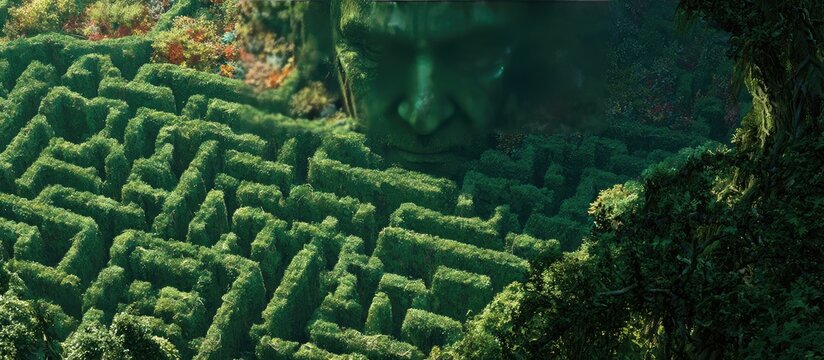 Green, overgrown maze with giant, sleeping stone face watching over it