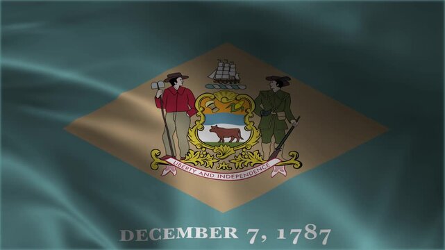 delaware state flag waving in realistic slow motion seamless loop video feature official coat of arms emblem buff diamond field colonial blue banner historical symbol for identity news.
