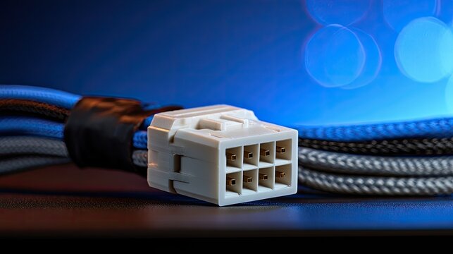 Close-up of a white multi-pin electrical connector on a bundled cable, bokeh background