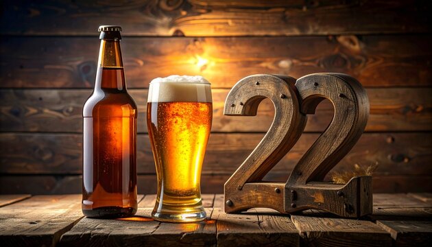 Rustic Beer Glass and Bottle with Number 22 &ndash; Birthday and Anniversary Illustration