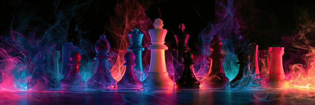 Chess pieces emerge from vibrant, colorful smoke against a dark background