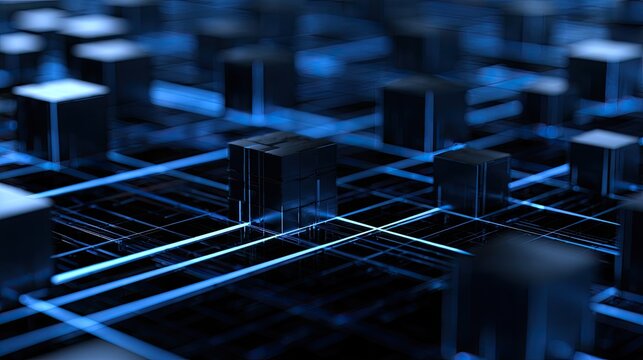 Abstract grid of glowing blue lines connecting dark, rectangular forms