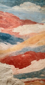 Abstract, colorful landscape painting with swirling reds, blues, and yellows