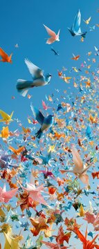 A vibrant flock of origami birds takes flight against a clear blue sky