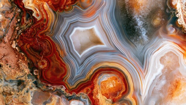 Vibrant, swirling agate pattern in earthy tones, showcasing mineral formations
