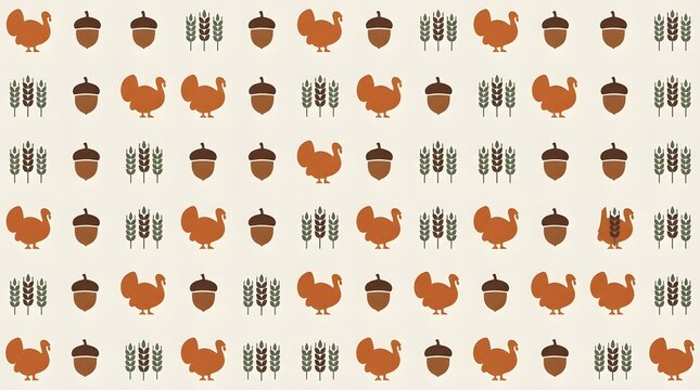 Minimalist thanksgiving seamless pattern with flat icons of turkeys, acorns, and wheat stalks on a light background