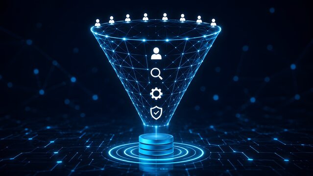 Glowing blue digital wireframe marketing funnel with business icons representing data filtering, customer acquisition, and technology sales process.